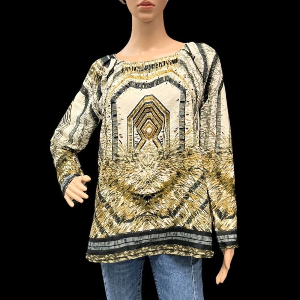 ECI New York Women's Chiffon Top Tunic Long Sleeve BOHO Beaded Sz S